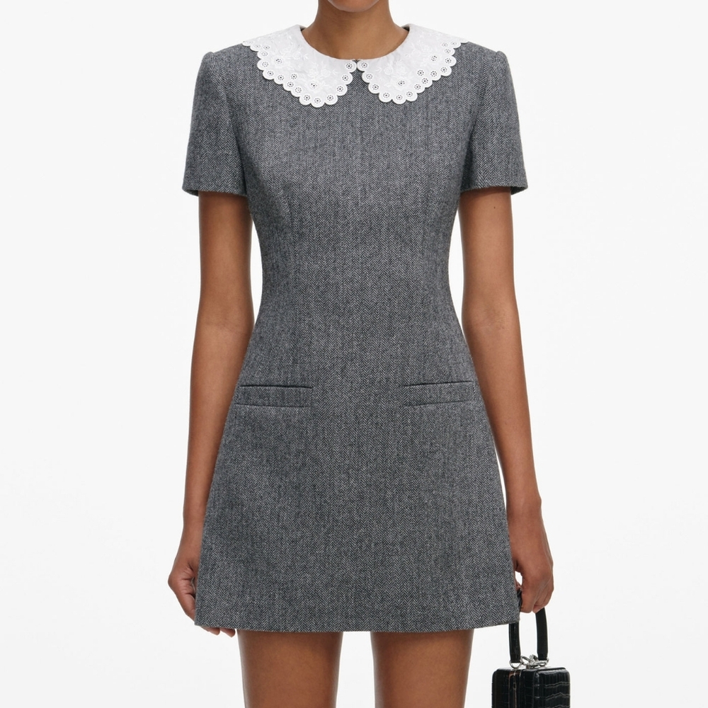 Self-Portrait Grey Herringbone Collared Mini Dress - image 4